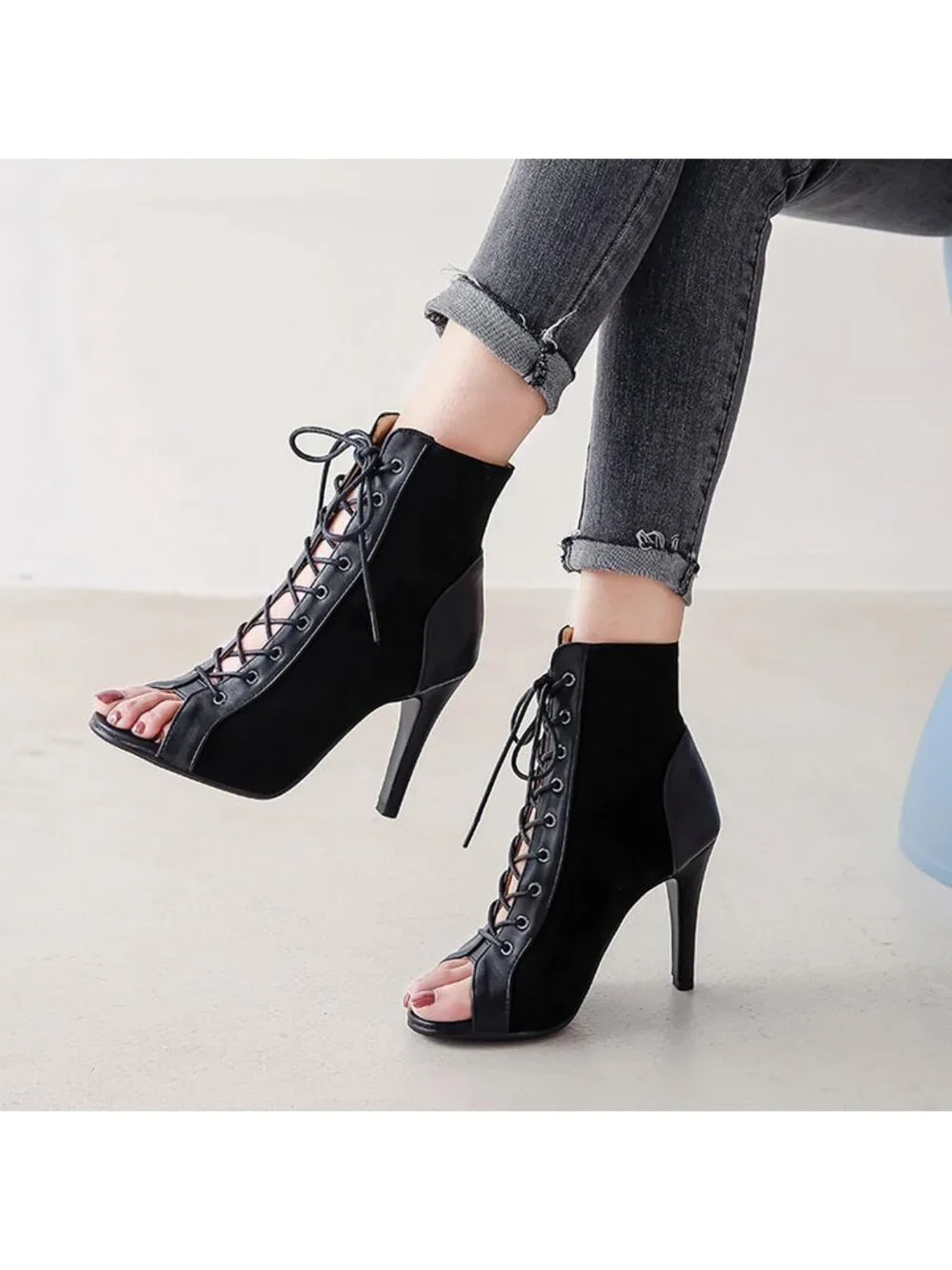 Women's Black Suede Buckle Lace Up Mesh Sandal Peep Toe High Heel Ankle Boots